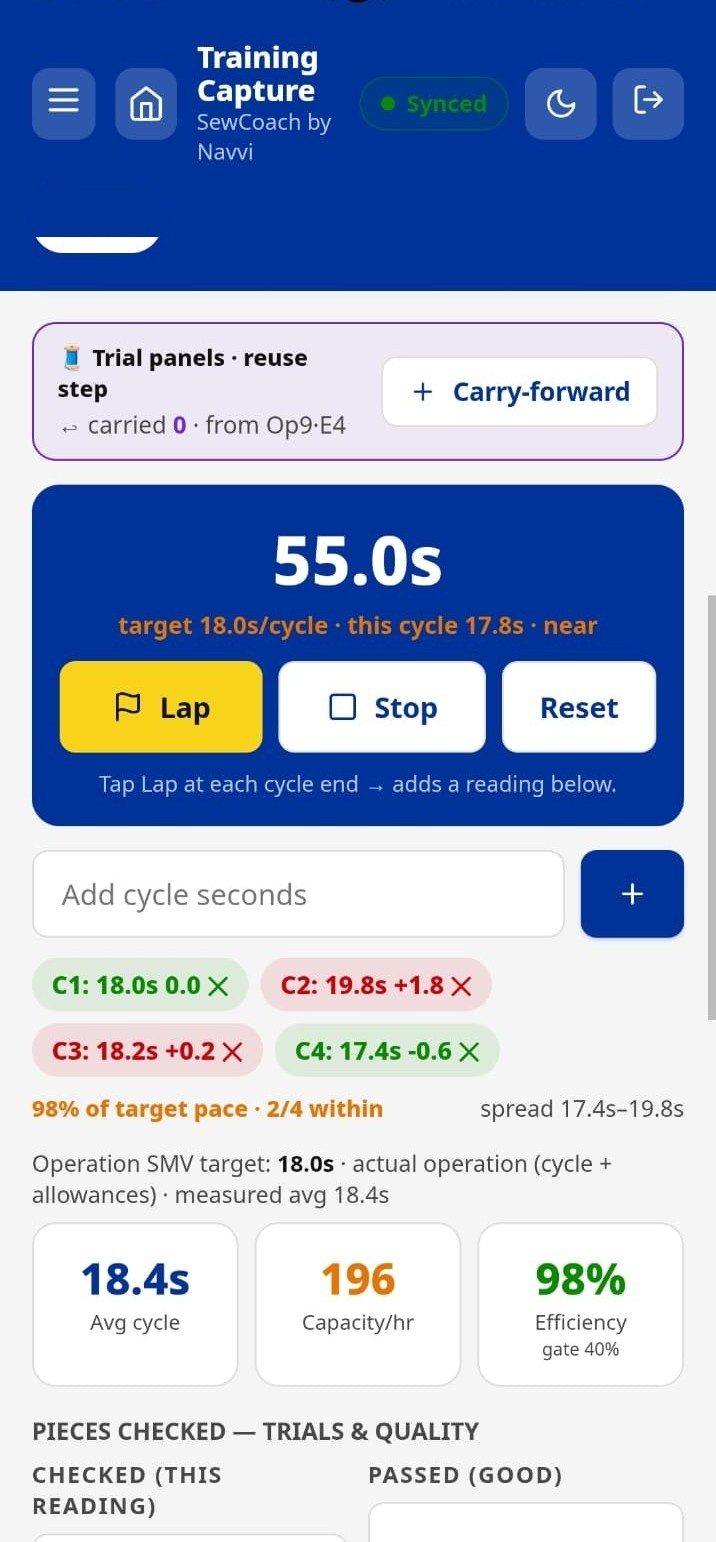 SewCoach Training Capture — live time study on a phone